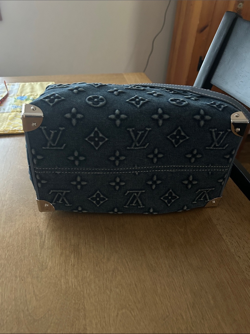 Dark Blue Denim Monogram Satchel with Shoulder Strap.  Size 25 - Picture 4 of 9